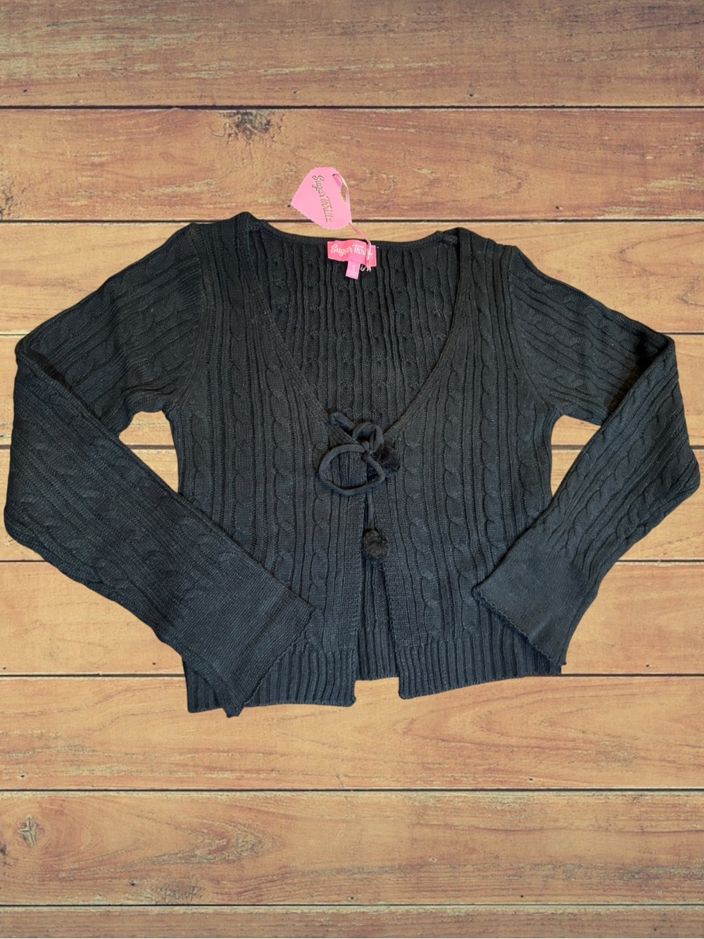 Sugar Thrillz Black Knit Open Front Adjustable Tie Lightweight Cardigan NWT S - Picture 7 of 12